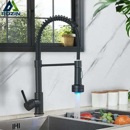 Modern matte black led kitchen faucet with pull down sprayer