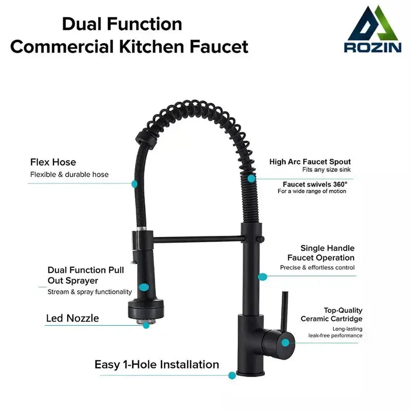 Modern matte black led kitchen faucet with pull down sprayer