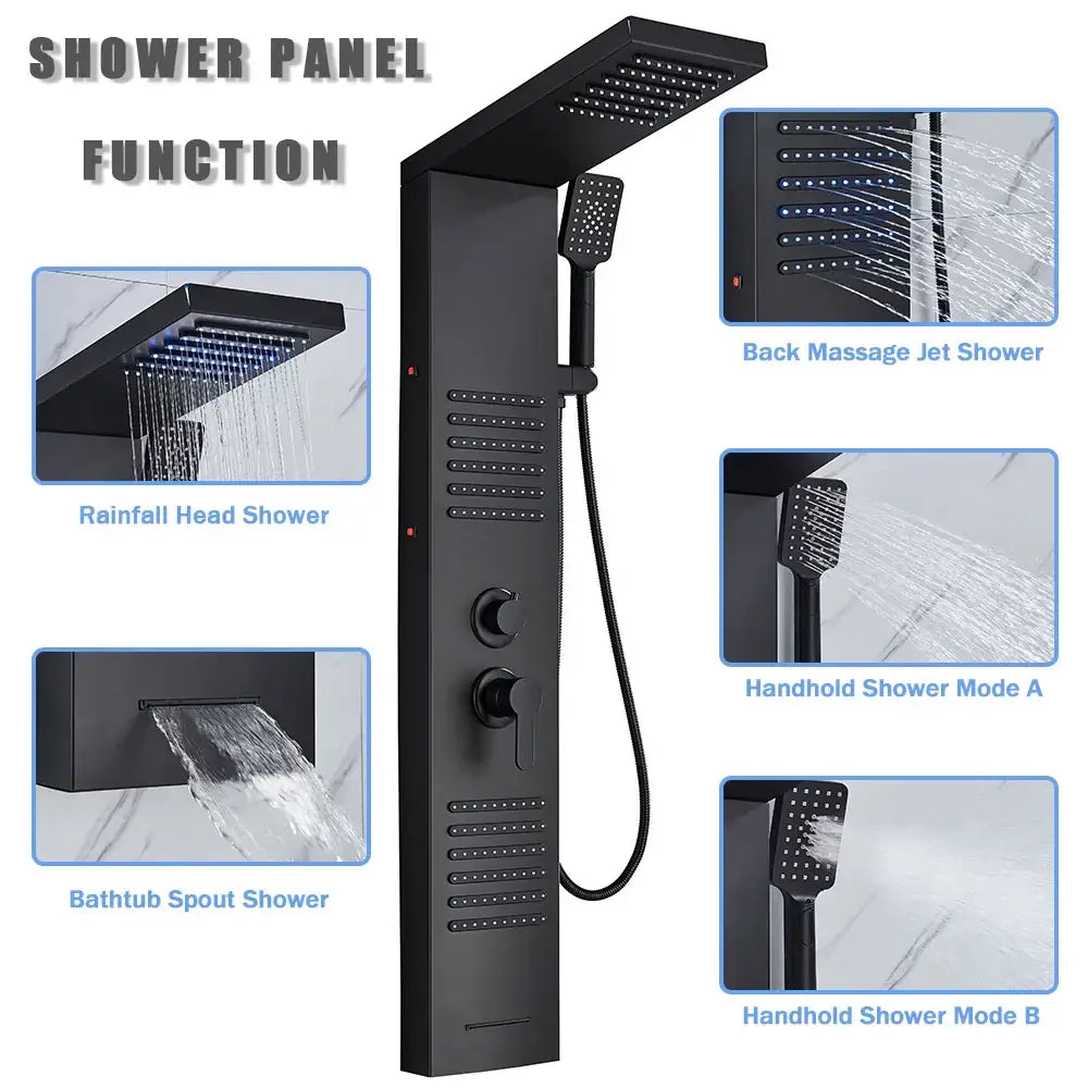 Matte black led shower column with massage jets for bathroom