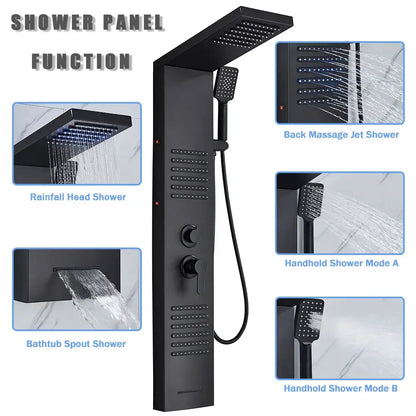Matte black led shower column with massage jets for bathroom