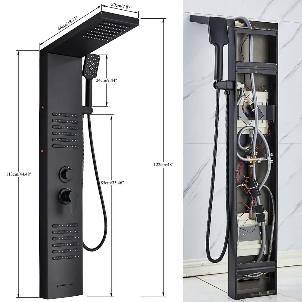 Matte black led shower column with massage jets for bathroom