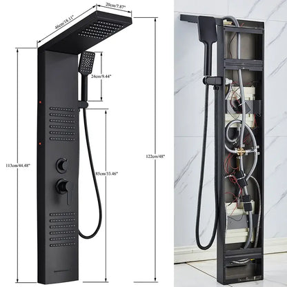 Matte black led shower column with massage jets for bathroom
