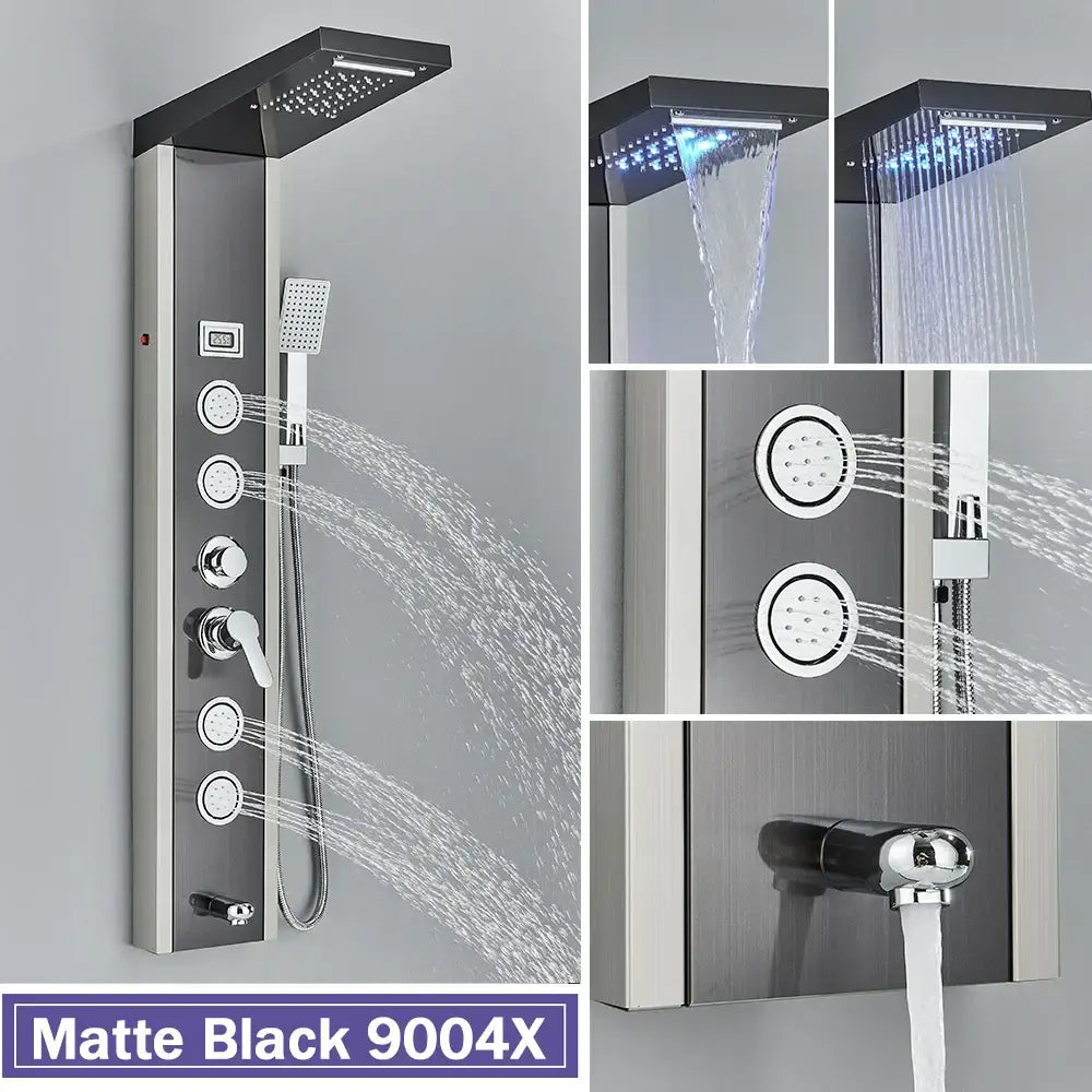 Matte black led shower column with massage jets for bathroom