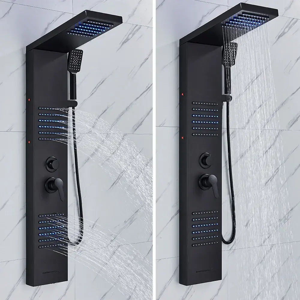 Matte black led shower column with massage jets for bathroom