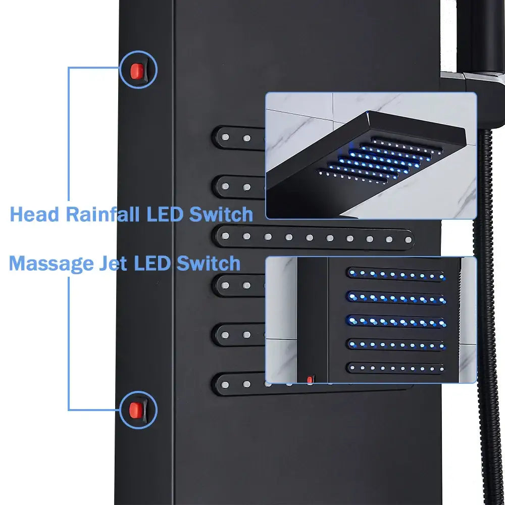 Matte black led shower column with massage jets for bathroom