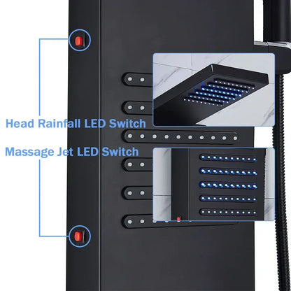 Matte black led shower column with massage jets for bathroom