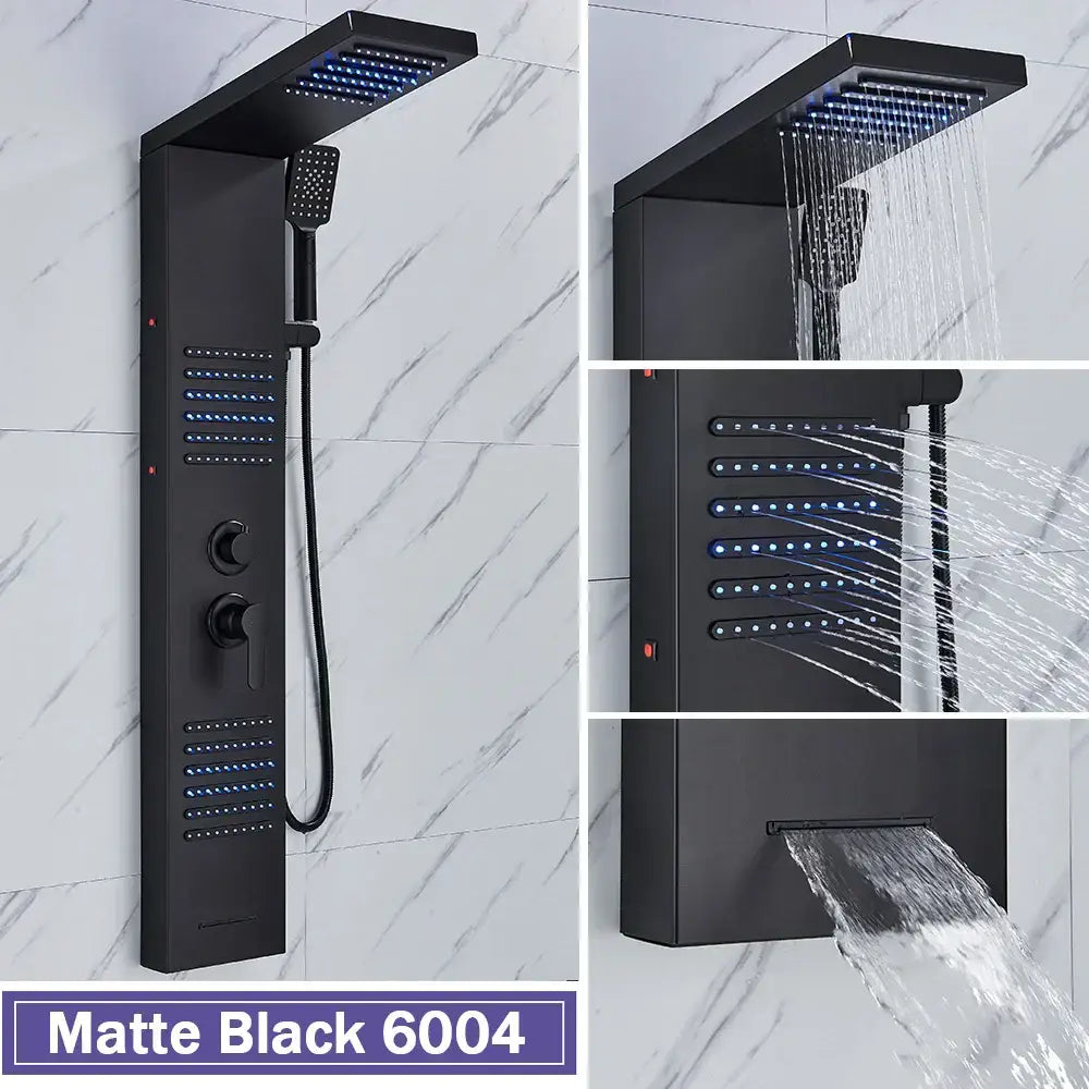 Matte black led shower column with massage jets for bathroom
