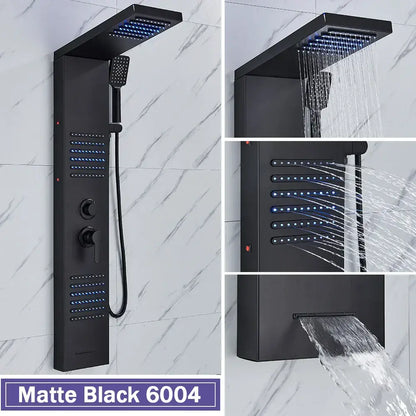 Matte black led shower column with massage jets for bathroom