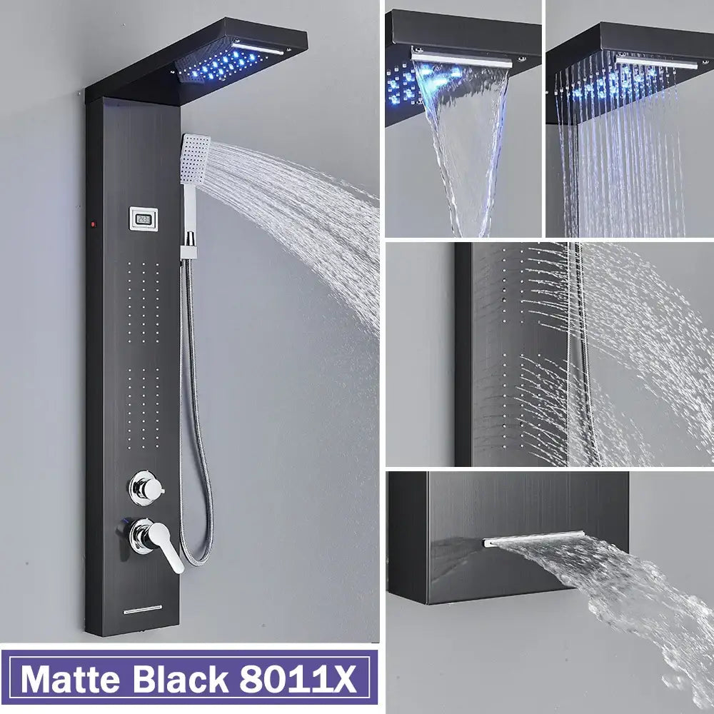 Matte black led shower column with massage jets for bathroom