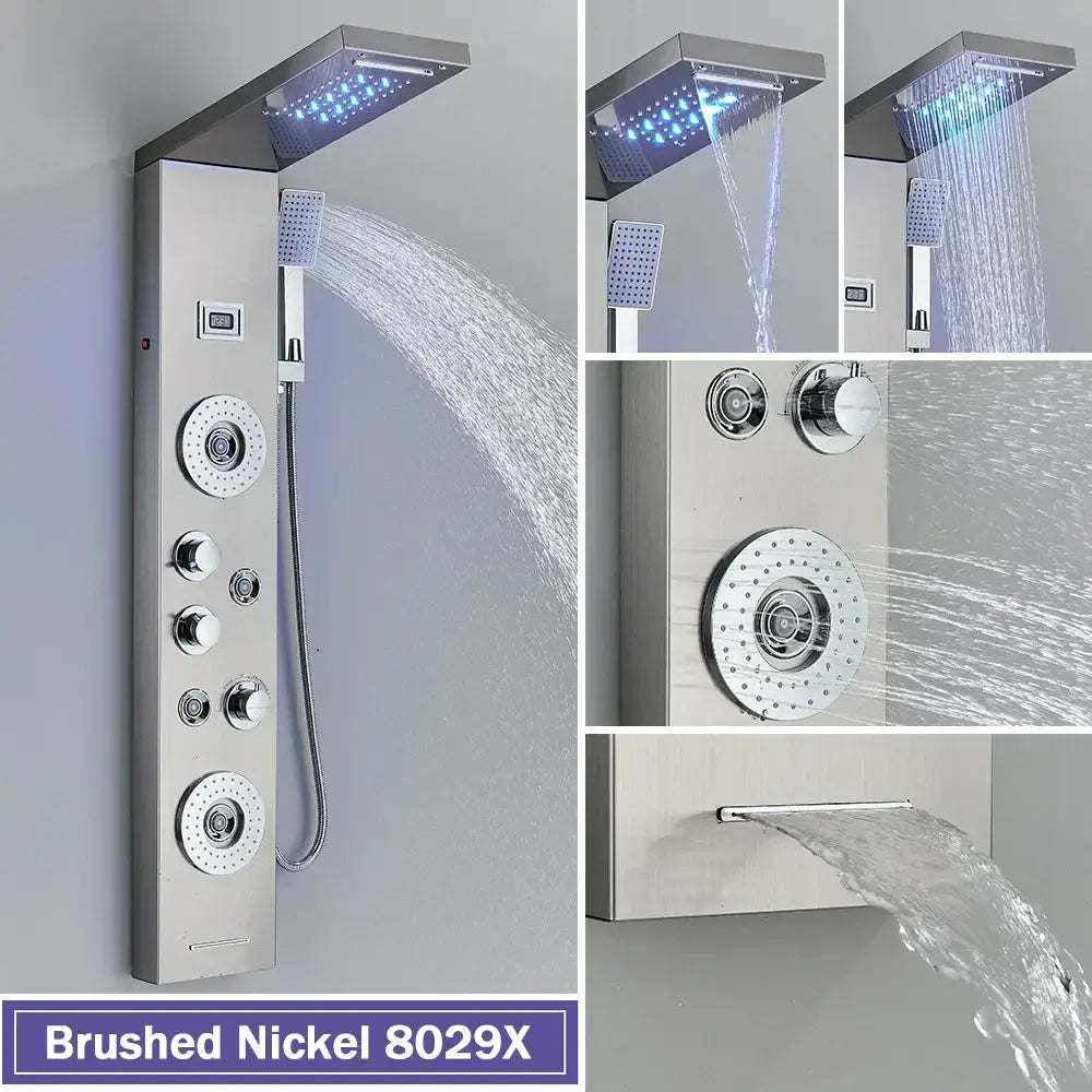 Matte black led shower column with massage jets for bathroom