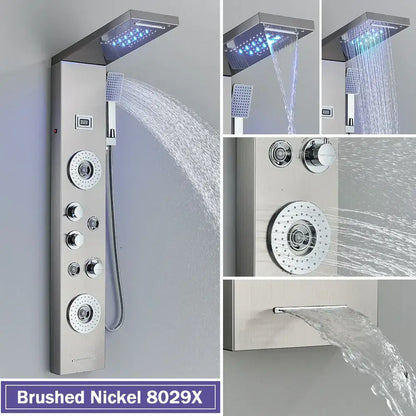 Matte black led shower column with massage jets for bathroom