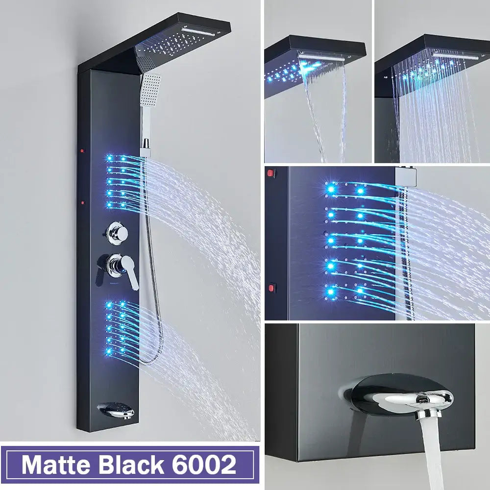 Matte black led shower column with massage jets for bathroom