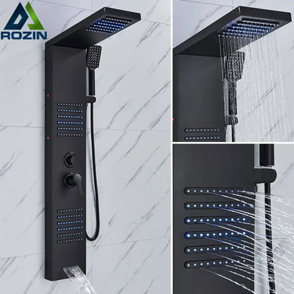 Matte black led shower column with massage jets for bathroom