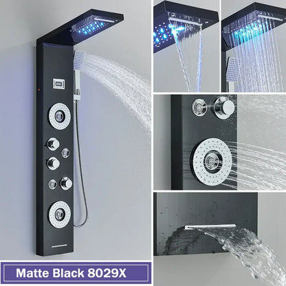 Matte black led shower column with massage jets for bathroom