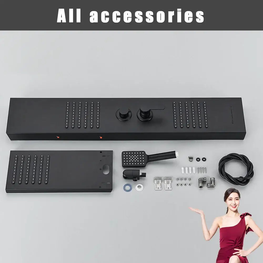 Matte black led shower column with massage jets for bathroom