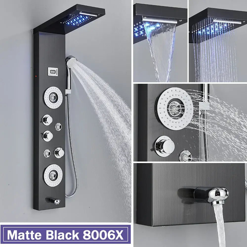 Matte black led shower column with massage jets for bathroom