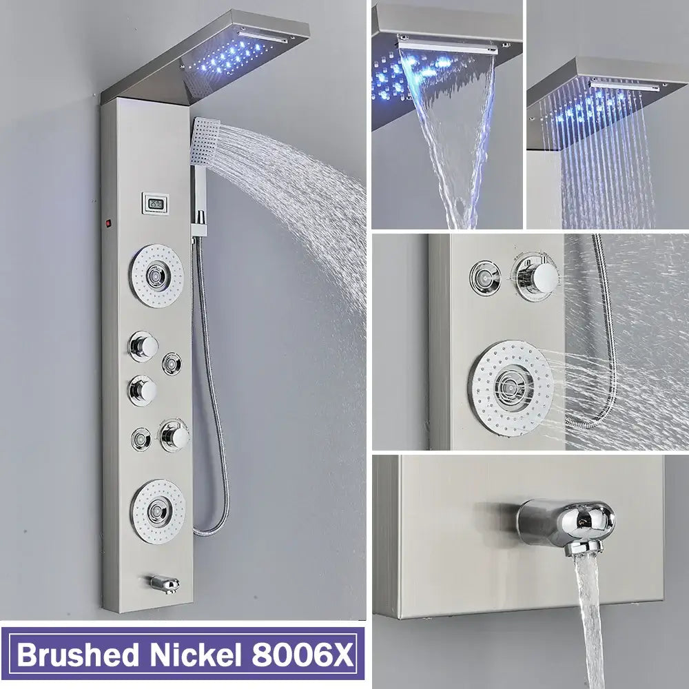 Matte black led shower column with massage jets for bathroom