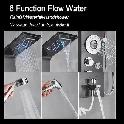 Modern black led shower faucet system with massage jets bathroom panel