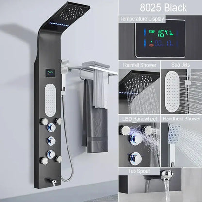 Modern black led shower faucet system with massage jets bathroom panel