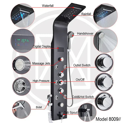 Modern black led shower faucet system with massage jets bathroom panel