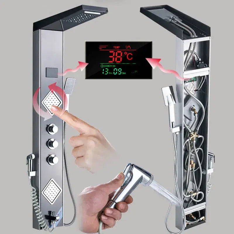 Modern black led shower panel with thermostatic mixer bathroom system