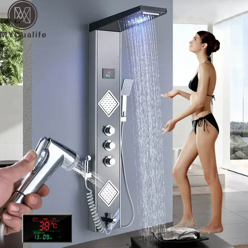 Modern black led shower panel with thermostatic mixer bathroom system