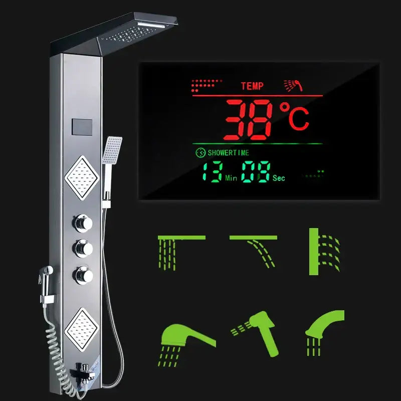 Modern black led shower panel with thermostatic mixer bathroom system