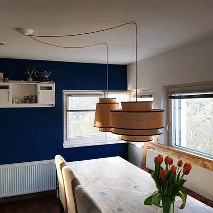 Beige & black woven tiered pendant light for dining room