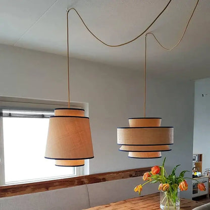 Beige & black woven tiered pendant light for dining room