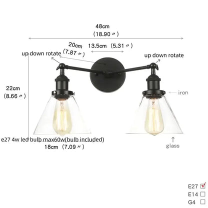Industrial black led wall sconce with glass shades for bedroom