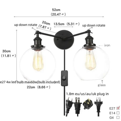 Industrial black led wall sconce with glass shades for bedroom
