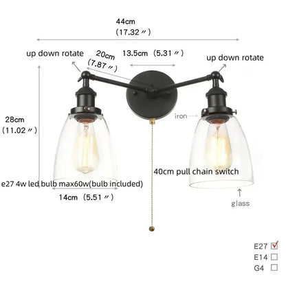 Industrial black led wall sconce with glass shades for bedroom