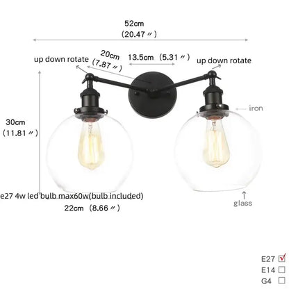 Industrial black led wall sconce with glass shades for bedroom