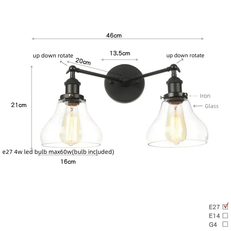 Industrial black led wall sconce with glass shades for bedroom