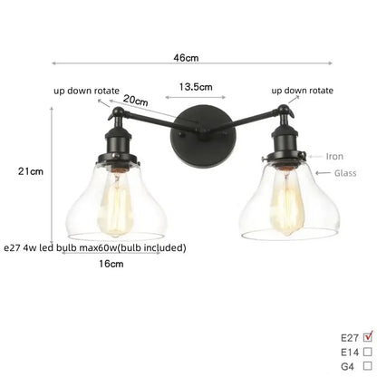 Industrial black led wall sconce with glass shades for bedroom