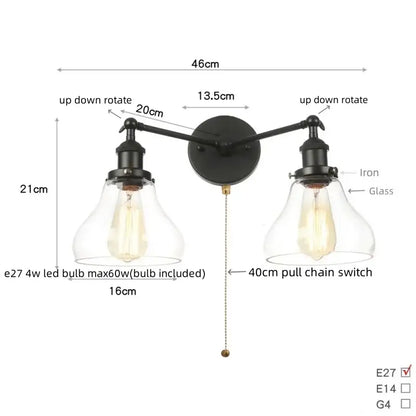 Industrial black led wall sconce with glass shades for bedroom