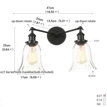 Industrial black led wall sconce with glass shades for bedroom