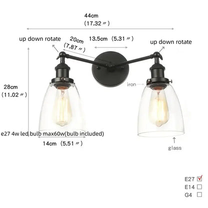 Industrial black led wall sconce with glass shades for bedroom