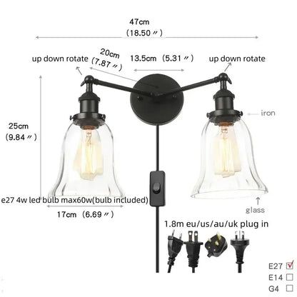 Industrial black led wall sconce with glass shades for bedroom