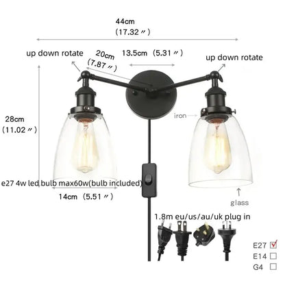 Industrial black led wall sconce with glass shades for bedroom