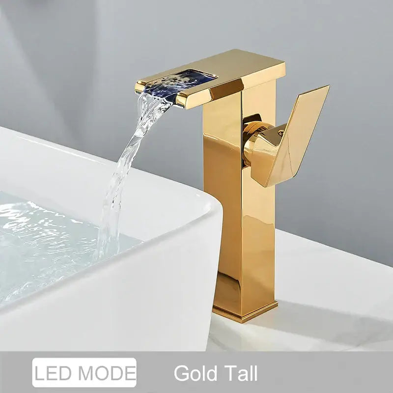 Matte black led waterfall bathroom faucet with chrome accents
