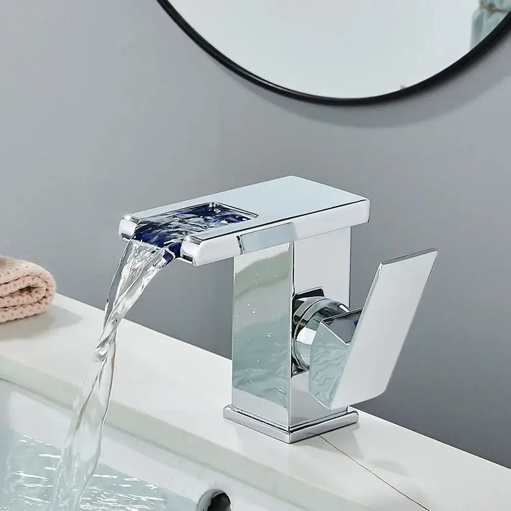 Matte black led waterfall bathroom faucet with chrome accents