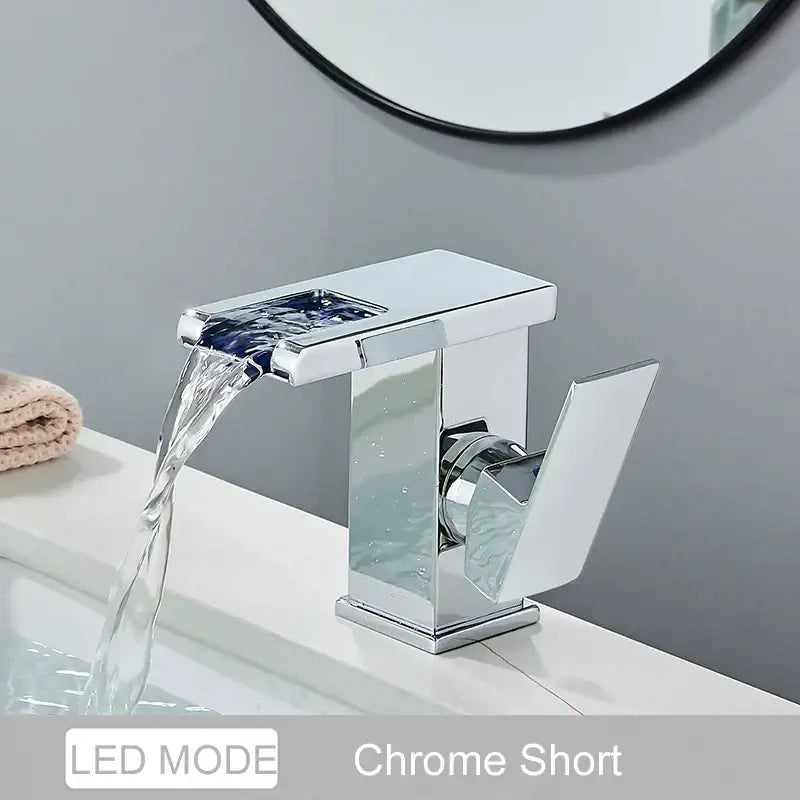 Matte black led waterfall bathroom faucet with chrome accents