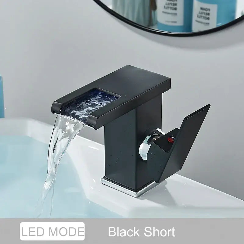 Matte black led waterfall bathroom faucet with chrome accents