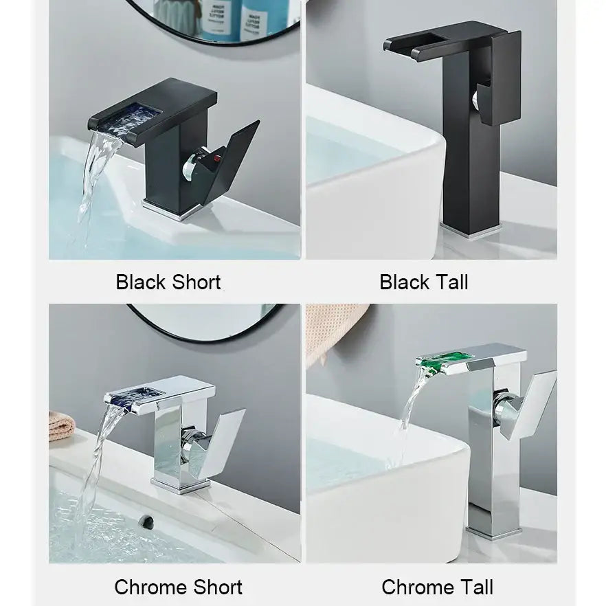 Matte black led waterfall bathroom faucet with chrome accents