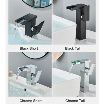 Matte black led waterfall bathroom faucet with chrome accents