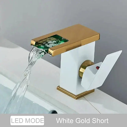 Matte black led waterfall bathroom faucet with chrome accents