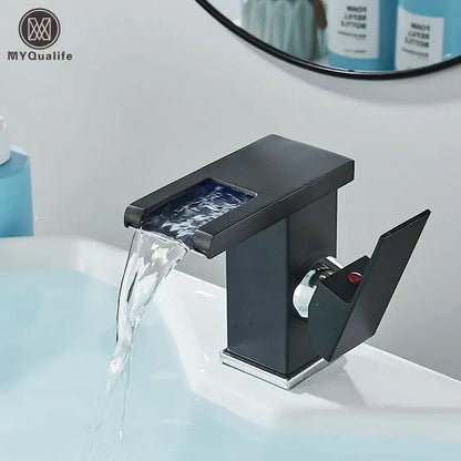 Matte black led waterfall bathroom faucet with chrome accents