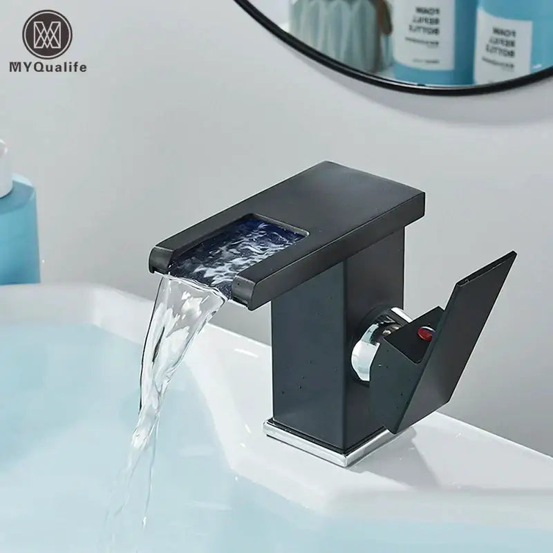 Matte black led waterfall bathroom faucet with chrome accents