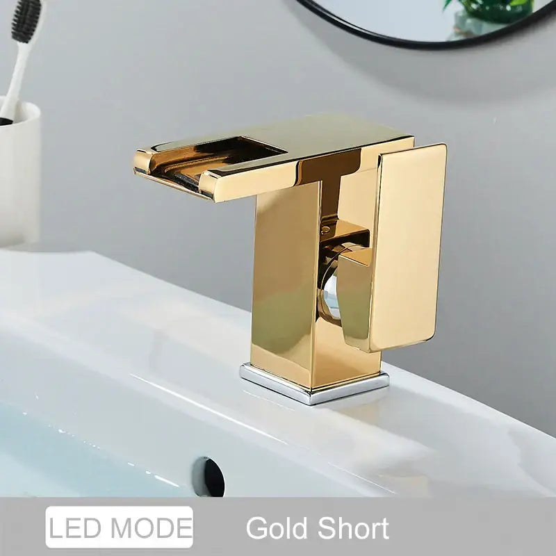 Matte black led waterfall bathroom faucet with chrome accents